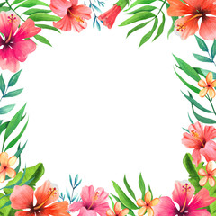 Hand drawn watercolor tropical flowers and leaves . Decorative frame isolated on white background.