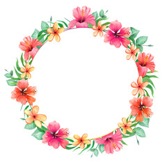Hand drawn watercolor tropical flowers and leaves . Decorative wreath isolated on white background.