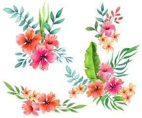 Schilderijen op glas Tropical flowers and leaves bouquets. Hand drawn watercolor elements isolated on white background. © Nataliya