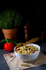 bulgur kaszotto with fresh vegetables and kidney bean