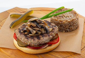 burger with mushrooms and buckwheat