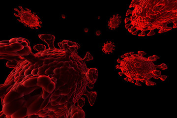 An illustration showing the structure of an epidemic virus. 3D rendering of a coronavirus on a black background.
