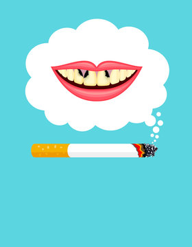 Stop smoking poster, World no tobacco day. Smoking is harmful to human teeth. Resulting in organ damage and premature. Illustration.