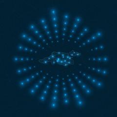 Jost Van Dyke digital map. Glowing rays radiating from the island. Network connections and telecommunication design. Vector illustration.