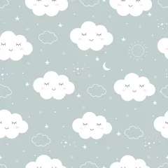 Selbstklebende Fototapeten Seamless pattern of the sky With white cloud and star Cute cartoon style design Used for publication, gift wrapping, fabric, textile, vector illustration © TEe Du