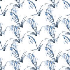 Spring background, watercolor seamless pattern of snowdrops.