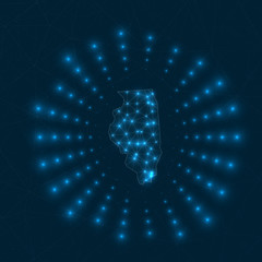 Illinois digital map. Glowing rays radiating from the us state. Network connections and telecommunication design. Vector illustration.