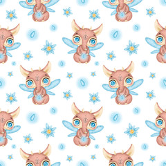 Cute cartoon whimsical magic forest monsters seamless pattern