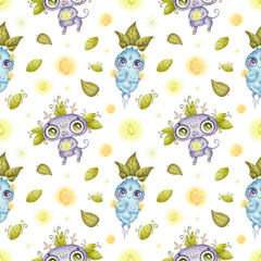 Cute cartoon whimsical magic forest monsters seamless pattern