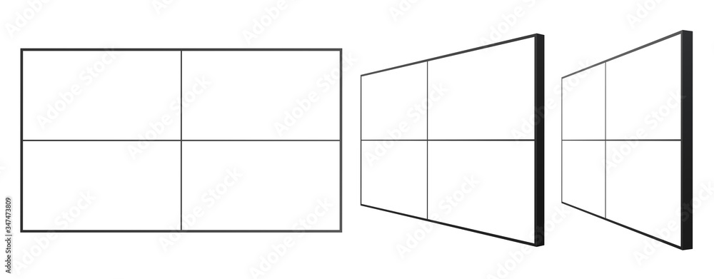 Poster a set of 2 x 2 video walls mockup. angle view of a 4 tv panels isolated on a white background. 3d re