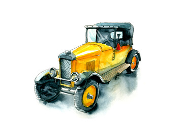 Old yellow car, vintage watercolor illustration