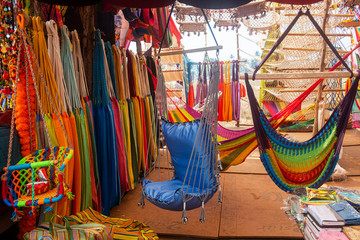 Fototapeta na wymiar Close-up of multi-colored hammocks