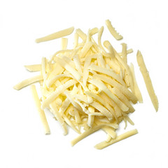 Grated parmesan cheese pile from top isolated on white background