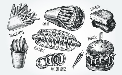 Ink hand drawn set of various burgers, hot dog, greek gyros, French fries, nuggets.  Fast Food elements collection for menu or signboard design. Vector illustration. - 347474251