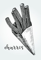 Delicious spanish dessert churros. Food elements collection. Ink hand drawn Vector illustration. Menu or signboard template. - 347475059