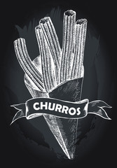 Delicious spanish dessert churros. Food elements collection. Ink hand drawn Vector illustration. Menu or signboard template. - 347475611
