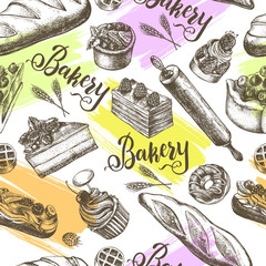 Decorative seamless pattern with Ink hand drawn cakes, pastries, bread. Food elements texture for your design. Vector illustration. - 347475824