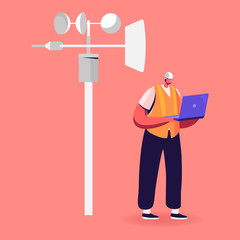 Male Character in Worker Robe and Hardhat Hold Laptop Learning Meteorological Indicators at Meteo Station. Meteorology Science, Modern Technologies for Weather Forecast. Cartoon Vector Illustration