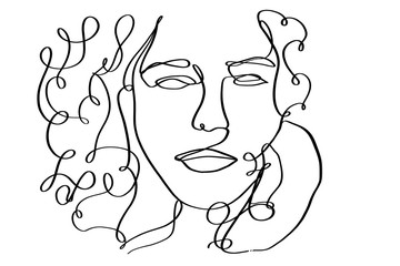 Portrait of a beautiful  woman with curly hair. Continuous line drawing.