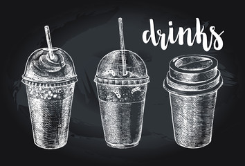 Ink hand drawn set of various take out cup for cold and hot drinks. Fast Food elements collection for menu or signboard design. Vector illustration. - 347475891