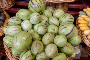 Fresh exotic fruits in Mercado Dos Lavradores. Funchal, Madeira, Portugal
