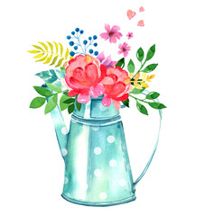 Watercolor garden watering can with flowers, leaves and hearts, spring summer hand drawn illustration