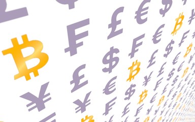 Fototapeta premium Bitcoin and currency on a white background. Digital crypto currency symbol. Wave effect, currency market fluctuations. Business concept. 3D illustration