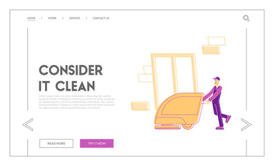 Professional Janitor Worker Vacuuming and Polishing Floor Landing Page Template. Cleaning Company Staff Male Character in Uniform Working with Equipment Washing Hall. Linear Vector Illustration