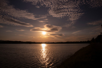 Beautiful sunset over lake Rakitje, fishing paradise for fishermen around Zagreb city and nesting ground for population of tern birds that nest on islands in the lake