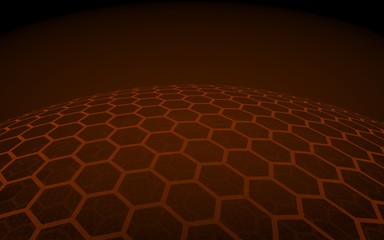 Multilayer sphere of honeycombs, red on a dark background, social network, computer network, technology, global network. 3D illustration