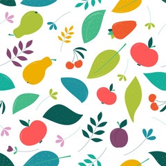 seamless Vegan funny Background with fruits and green leaves