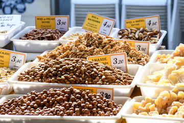 Nice, France, 24th of February 2020: Nuts like almonds, walnuts, peanuts for sale