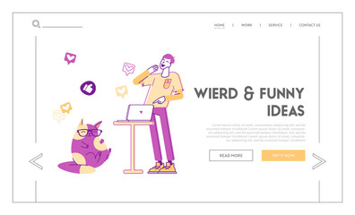 Social Media Shared Internet Content Landing Page Template. Male Character or Teenager Watching Funny Viral Video Clip on Laptop with Cute Cat Wearing Glasses Playing. Linear Vector Illustration