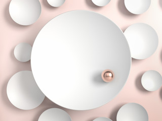 Abstract image of golden pearl on white plate or disk over pink background. Use for product identity, branding and presenting. Place your object or product on pedestal. 3d illustration