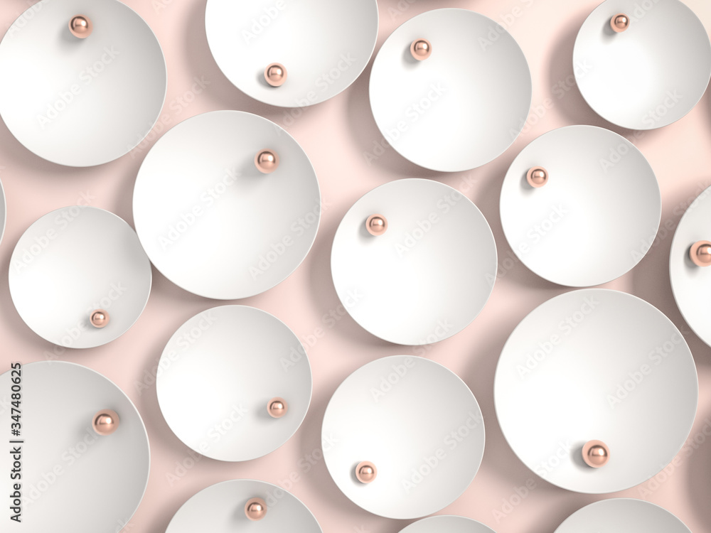 Poster abstract background with pink pearls and white disks or plates. use for product identity, branding a