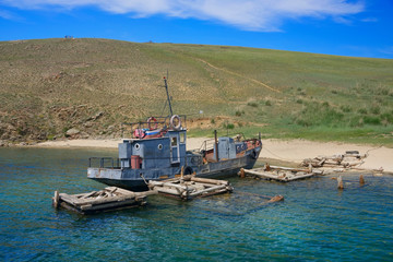 Old ship on Lake Baikal and Island Olkhon, Russian Federation
