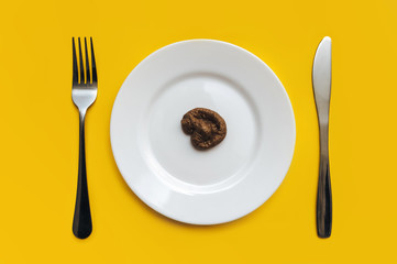 Plastic excrement of a cat lies on a white plate with fork and knife close-up on yellow tablecloths. The concept of an inept cook, a crappy restaurant, bad food, a taste of shit. Bad smelling joke.