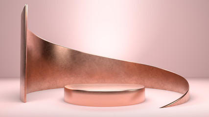 Round golden stage, podium or pedestal in pink background. Perfect background for presenting, branding or identity of your product or company. Place object or product on podium. 3d illustration