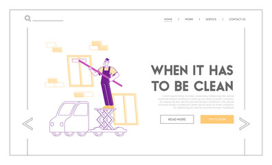 Professional Industrial Deep Cleaning Company Service Landing Page Template. Worker Character with Equipment and Vehicle Cleaning Windows Work with Elevator Platform on Car. Linear Vector Illustration