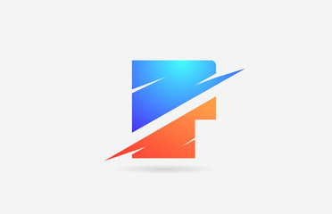 F blue white alphabet letter logo icon for business and company with line design