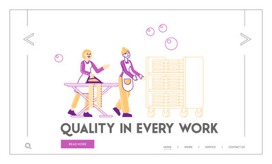 Laundry, Laundrette Landing Page Template. Female Characters Employees of Cleaning Service Working Process Ironing Clean Clothes, Push Trolley with Clothing. Linear People Vector Illustration