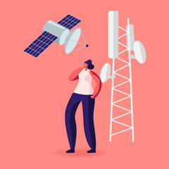 Woman Character Stand near Transmission Tower with Satellite in Sky. Meteorology Equipment, 5G Internet Communication Services and Smart Technologies, Tech Progress. Cartoon Vector Illustration