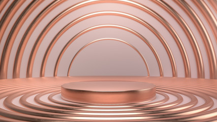 Abstract scene with golden and copper stage, pedestal or podium over golden rings and pink paper background. 3d render