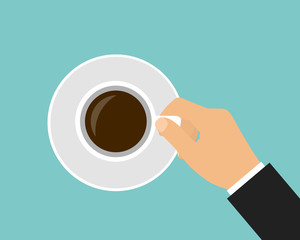 Flat design cartoon illustration of man manager hand holding coffee cup with saucer, vector