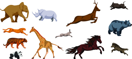 Vector image of a set of exotic and European running animals.