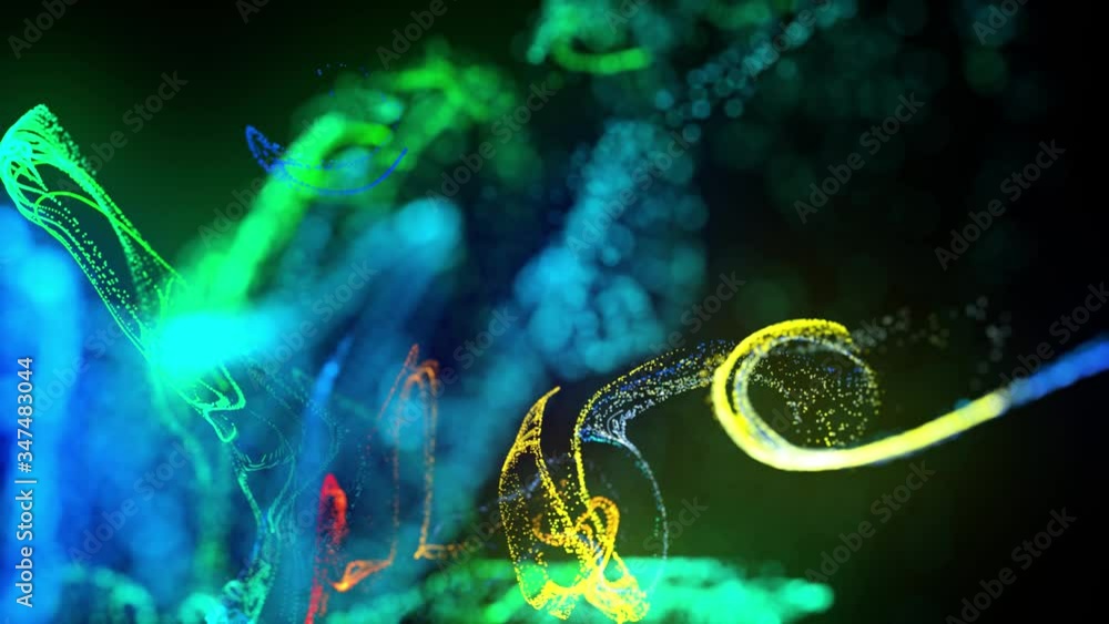 Poster injection of fluorescent multicolor ink in water in 4k. 3d render of glow particles in ink flow. lum