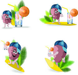 Fototapeta premium Vector conceptual image of a character in the form of a brain on a surfboard with a cocktail in hand. The concept of brain activity and the importance of leisure in the process of development and lear