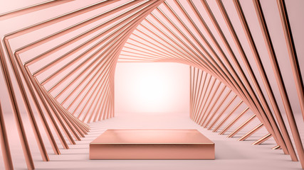 Abstract image of golden stage, podium or pedestal in geometrical golden tunnel over pink backgorund. .Cosmetics and fashion image. 3d render