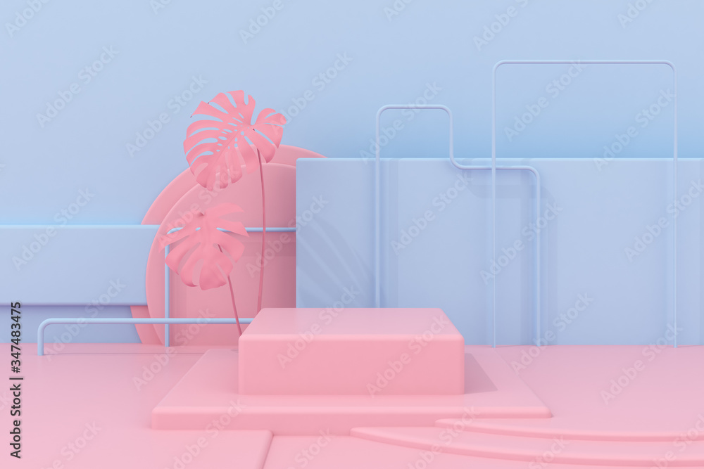 Poster Minimal abstract scene with round podium and pink monstera plant, Architectural mock up design with geometric form in pastel color, Product presentation. 3D rendering.