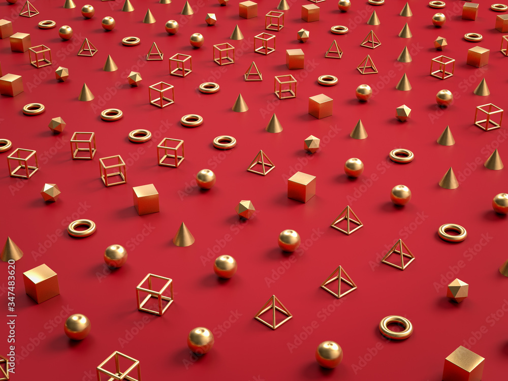 Poster golden geometrical shapes and forms on red apper background. 3d render. perfect illustration for pla